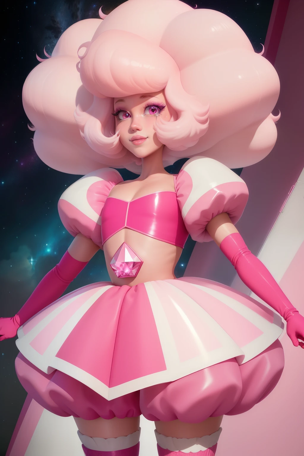 pnkdamond, pink hair, pink eyes, big hair, stomach gem, pink skin, toned,
puffy short sleeves, elbow gloves , white thighhighs, puffy dress,
standing, upper body,
outerspace,
(insanely detailed, beautiful detailed face,beautiful detailed eyes, masterpiece, best quality) cinematic lighting, smile,