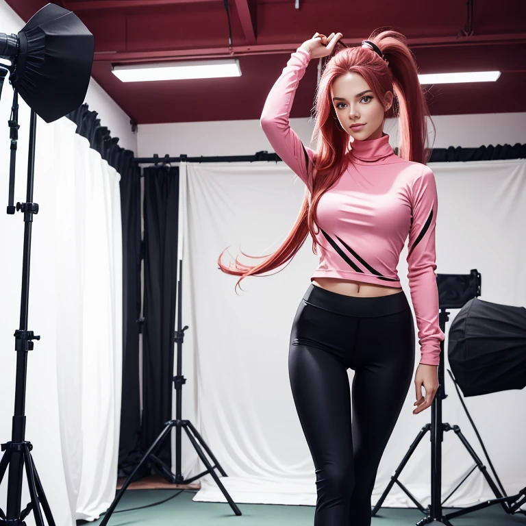 Swedish young woman, long bright scarlet hair in a high ponytail, light pink golf, black leggings, long sleeves, turtleneck, happy, studio photography, no contrast, Vogue photography, posing
