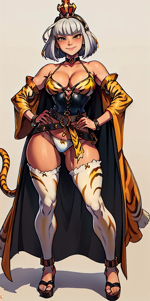 ((Masterpiece, plain background,1:2, masterpiece)) full body standing with two long yellow tiger print stockings, toned thighs, white silver hair, short bob hair, cleavage, separate yellow tiger print stockings thighs and sleeves, tiara royal, long cape up to two feet, yellow tiger bikini print, hands on waist, navel, lustful smirking smiling, smile face (red blushed, red cheeks) metal shoulders, armbands, black leather choker slave collar, full body standing with two long thighs and two metal sandals, red eyes, silver white hair, short bob hair, big knockers, cleavage, separate sleeves, tiara royal, long cape up to two feet, leather corset, yellow bikini, hands on hips, metal shoulders, armbands, black leather choker collar, shackles bracelets, slave red crest, pauldrons, loincloth standing, hands on hips, metal sandals, big belt, view from below, feet together, bracers, tiara, standing contrapposto straight symmetrical looking to viewer