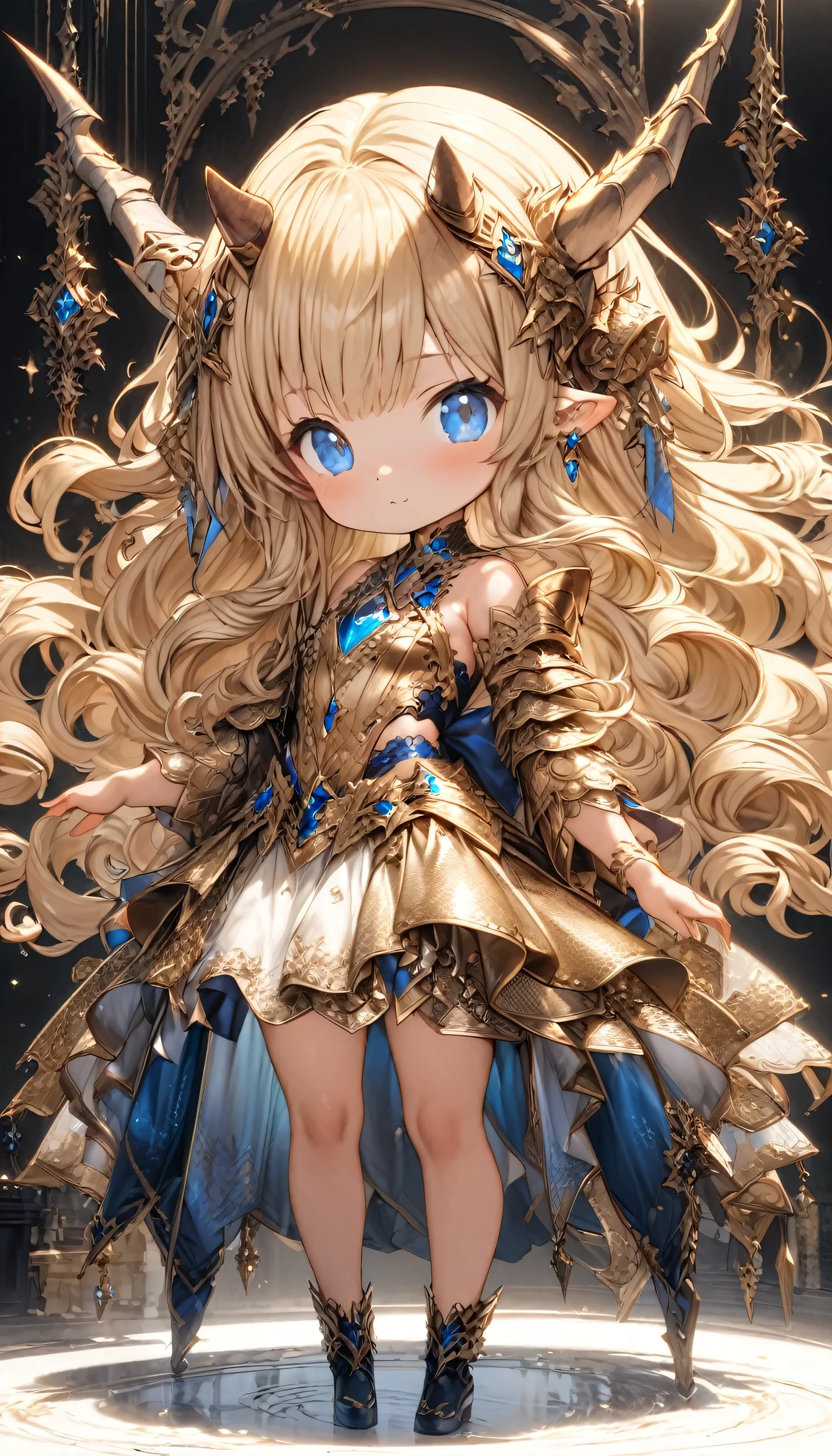 masterpiece、Best Quality、Very detailed、High resolution、Japanese anime、1girl、Blonde Hair、（Medium length hair：1.4）、Side braid hair、Curly Hair、Wavy Hair、Drill Hair、Curly Outward Hair、Dragon Horn、（blue eyes：1.5）、（Beautiful detailed eyes：1.4）、Laughter、12 years old、3 heads、original character、Fantasy、（Black Background：1.2）、whole body、Beautiful fingers、Are standing、（Gold Lace Frill Armor Dress：1.5）、（Jeweled Headgear：1.5）、Photographed from the front、View your viewers