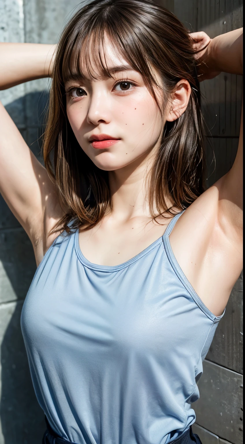 (Ultra HD、Ultra-high resolution、Photorealistic:1.3、8k、Japanese office lady、In front of the wall)、Focus on the armpits、Look Viewer、(Extremely realistic skin texture:1.4)、(Realistic:1.3)、short hair、((Embarrassed expression:1.3))、(Blonde:1.3)、40-year-old woman、Mature Woman、ponytail、(Lift your arms and show your armpits:1.3)、((Face close-up:1.49))、(Armpit sweat)、Leaning against the wall、((Shooting from the side:1.05))、camisole