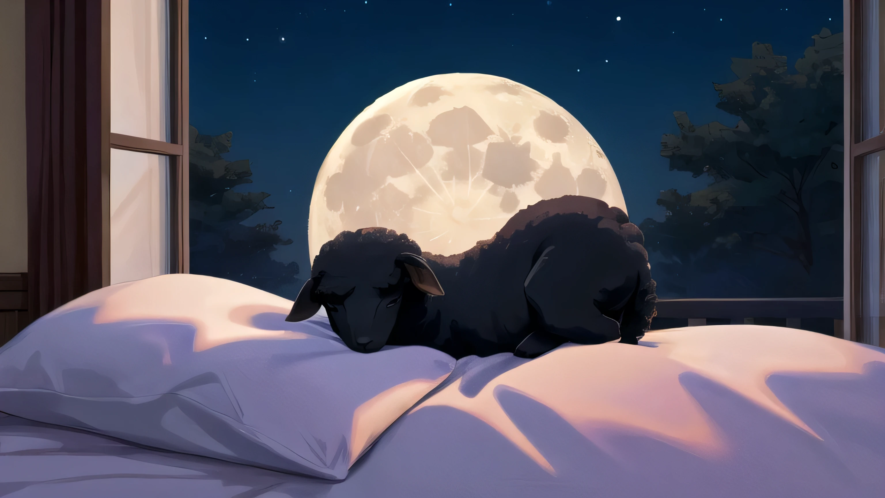 Black sheep sleeps in bed　Full moon seen from the window