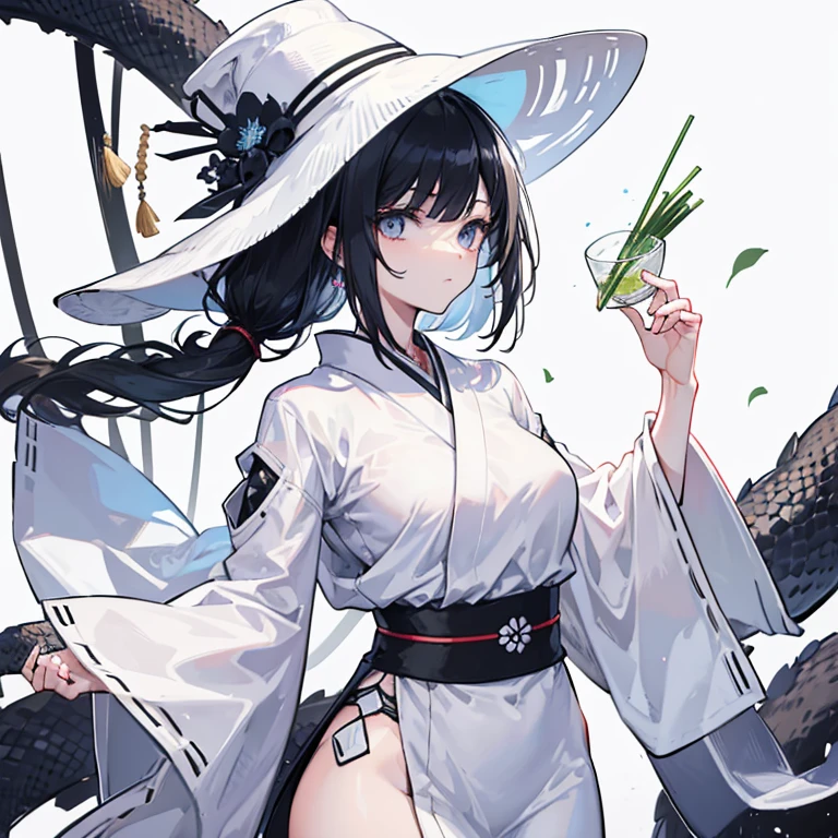 A hybrid of a snake and a human, female, very tall, her skin is very light, she has a large but has been cut. black hair, white clothes, the top part of the clothes very simple and open, the bottom part is Japanese clothes. has a giant white hat similar to a straw hat
