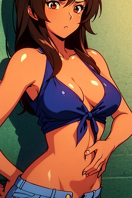 ((best quality)), ((masterpiece)), (detailed), perfect face, brown skin anime woman in a deep V-neck tied top, (bare shoulders), (jeans), starving, (resting hands on the stomach), (hands on the stomach), (slim woman), (smooth and shiny skin), worried