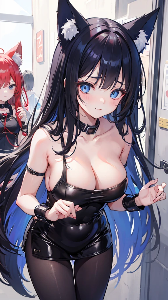 2 girls、Pouting,(8k、Highest image quality、best quality、masterpiece)、Tights,Large Breasts,Extremely detailed facial details, handcuffs,Collar,Calm expression,Red lips,Sweet smile,Black long hair, Charming blue eyes, Fox ears, Ridiculously big, glowing skin,bar