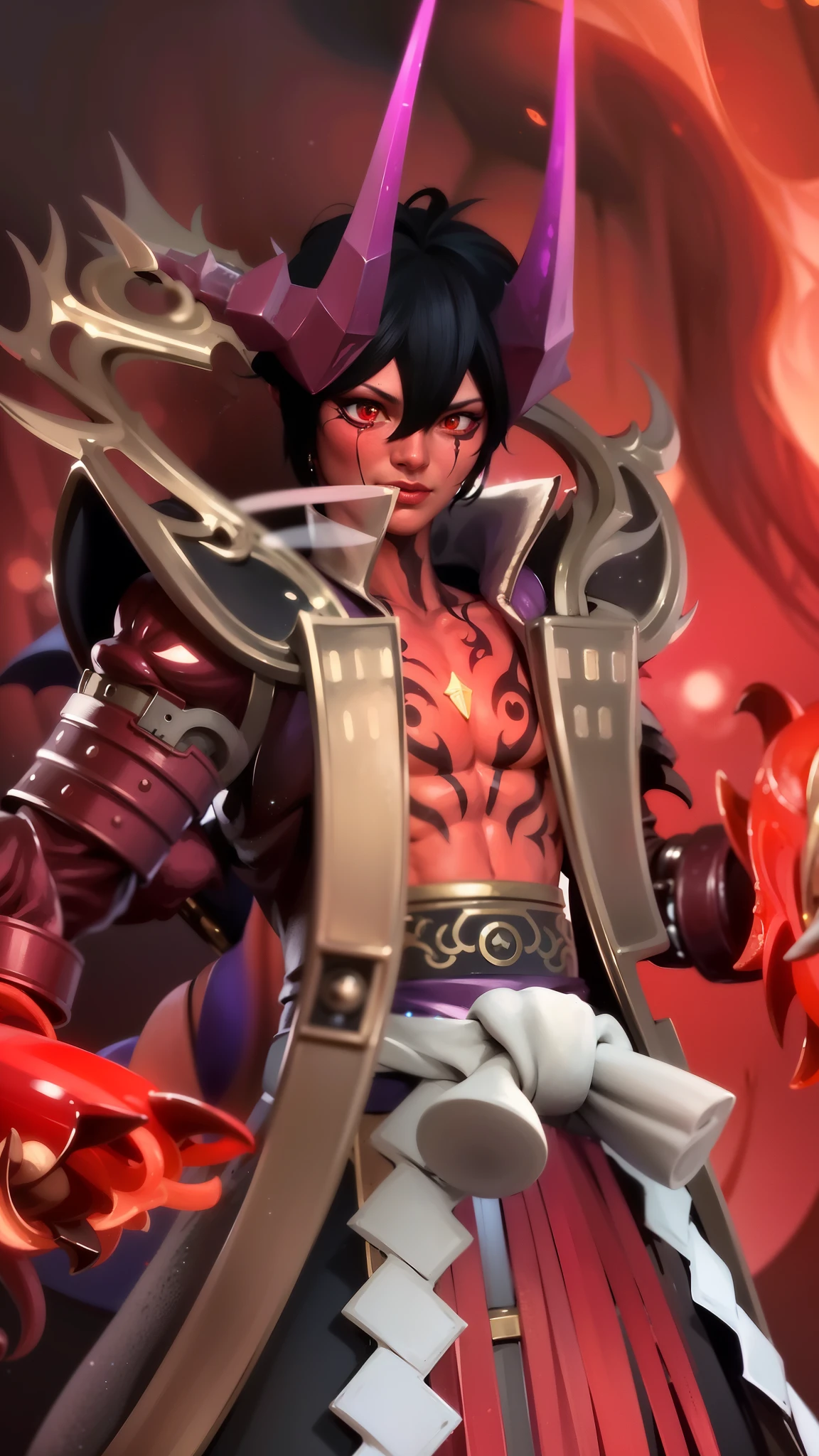 a close up of a person with a demonic face and a sword, Masterpiece, ultra HD, detailed all picture, a close up of a devil, dyrroth from mobile legend, evil, extremely detailed artgerm, mobile legends character, inspired by Dyrroth, Six pack chest and abs, yellow jewel above the chest, light red eyes, glare.