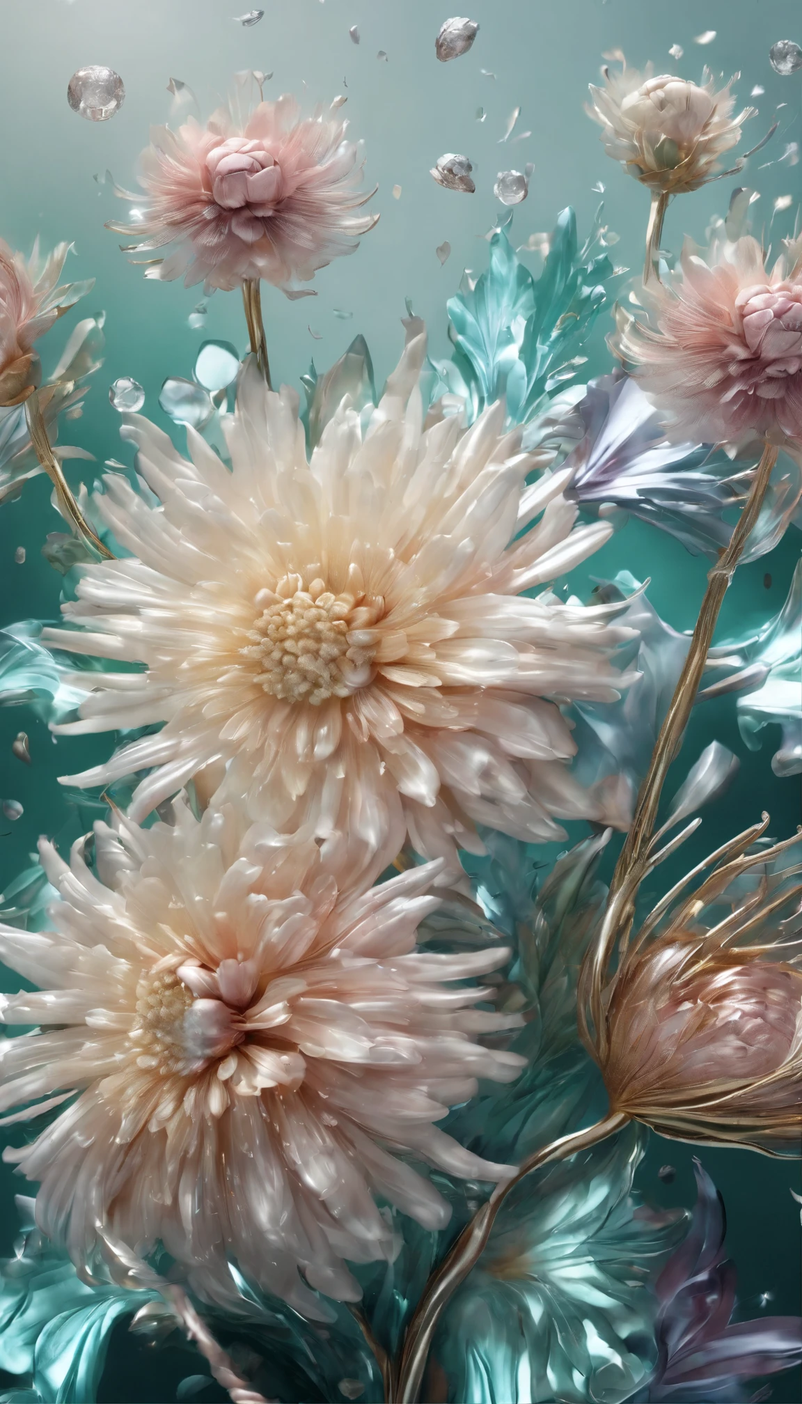 The background is greenblue,All expressed with jewels, the arrival of spring, various beautiful chrysanthemum flowers
, beautiful batterflys,angles looking up from below, various jewels falling from the sky, wonderful and beautiful superb view, slightly hazy, fantastic, high resolution, 8K, (best quality, highres, realistic:1.37), shiny metallic flowers, intricate and delicate petals, reflective surfaces, vibrant colors, intricate details, close-up view, surreal garden, surreal beauty, dreamy atmosphere, fine art, abstract botanicals, metallic sculpture, contrasting textures, ethereal glow