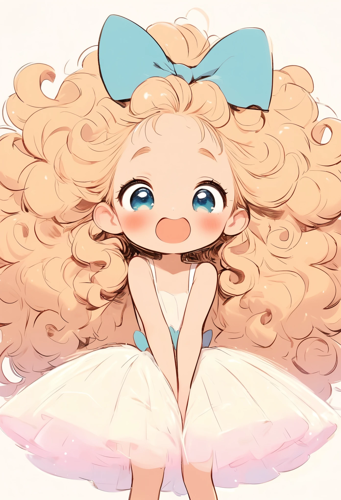 Hand-drawn style：1 cute ***********，big eyes，Colored doodle of fluffy curly hair，Oversized hair bow，Tutu，Cute expression