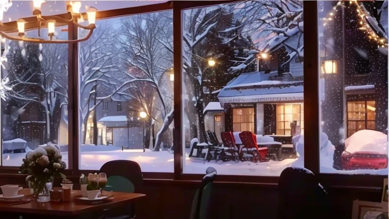 There is a table and a bunch of chairs in front of the window, Snow outside the window, It&#39;s snowing outside, Winter snow, Snowfall at night, The cold light from the window, It&#39;s snowing outside, Snowy Night, Snowy winter scene, Winter Environment, Snowflakes falling, Perfect lighting during a snowstorm, Cozy cafe background, Snowy winter, Snowfall, Comfortable and pleasant atmosphere