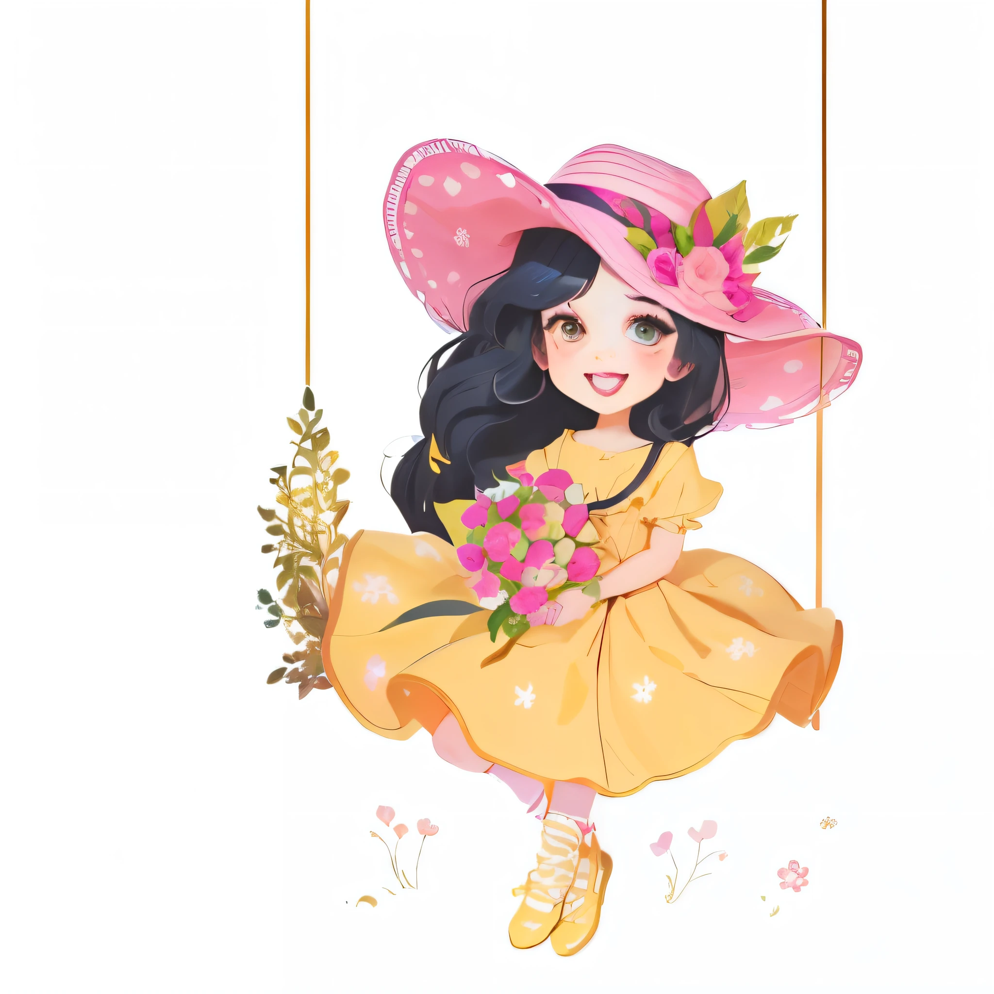 uma de vestido amarelo, with pink flowers in hand, pink hat, ilustrado em estilo caprichoso, mulher fofa, Ilustra??o estilo desenho animado, cute garota, hand painted cartoon art style, Cute illustration, estilo de arte fofo, garota, arte digital fofa, stylized digital illustration, SVG illustration, colorful illustration