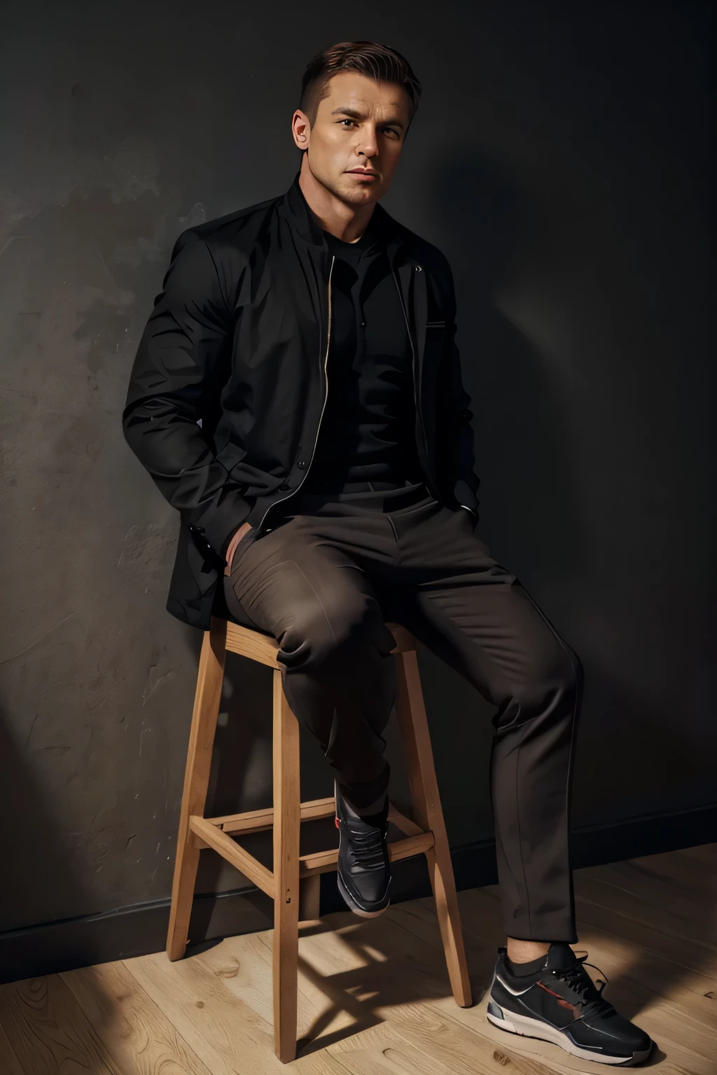 stocky man in a black sports jacket and trousers, Russian, 35 years, against a black wall, sitting on a high chair, looks straight into the camera, light brown very short hair, short-haired, dense physique, shaven