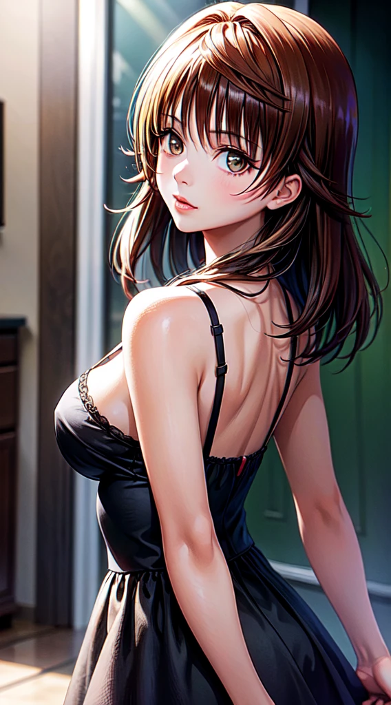 1girl, solo, long hair, breasts, looking at viewer, bangs, simple background, black hair, dress, bare shoulders, upper body, parted lips, sleeveless, grey background, black eyes, from side, lips, red dress, lipstick