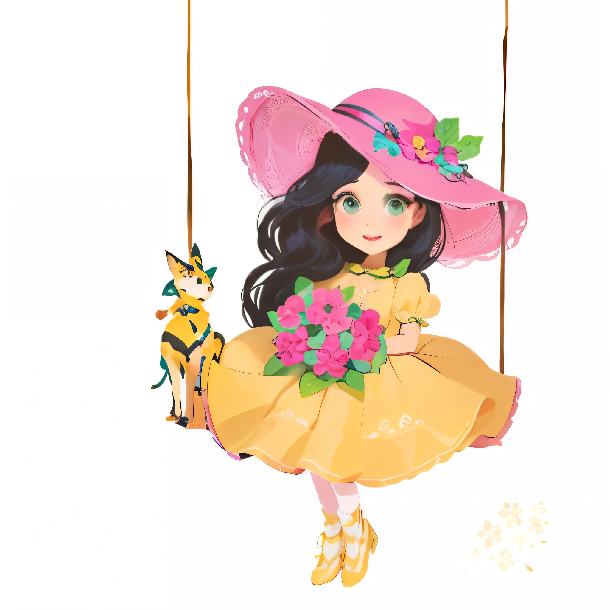 uma de vestido amarelo, with pink flowers in hand, pink hat, ilustrado em estilo caprichoso, mulher fofa, Ilustra??o estilo desenho animado, cute garota, hand painted cartoon art style, Cute illustration, estilo de arte fofo, garota, arte digital fofa, stylized digital illustration, SVG illustration, colorful illustration