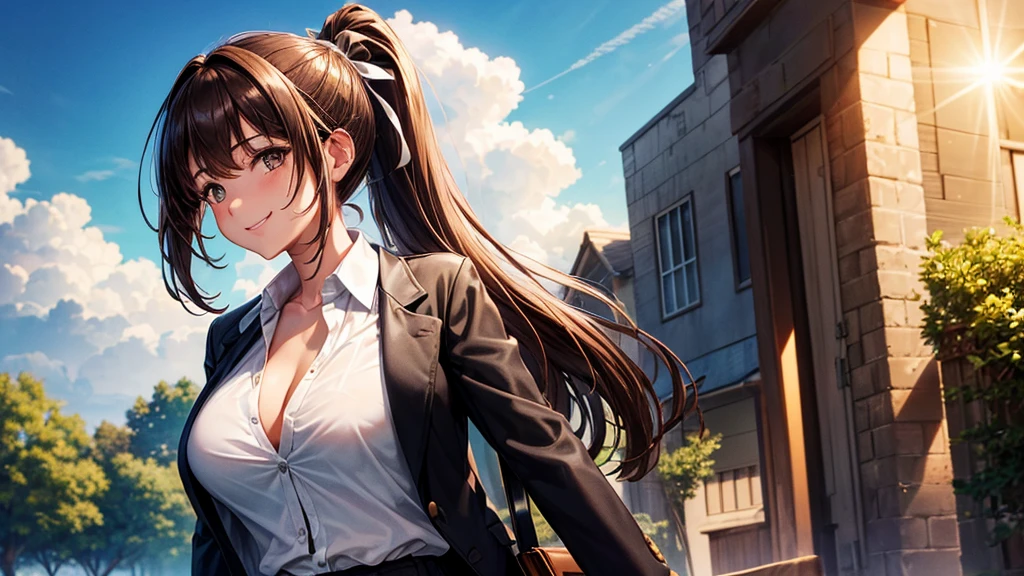 1girl, full body, solo, summer, village, trees, sun, clouds, ((brown hair)), ponytail, large breasts, ((black blazer)), button down shirt, ((white shirt)), ((unbuttoned shirt)), unbuttoning buttons, brown eyes, skirt, smile, looking at the viewer, standing, hair ribbon, golden necklate, shoulder bag