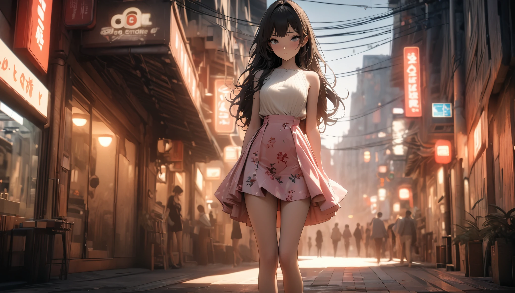 (best quality, 8k, masterpiece: 1.3)), 1 Girl, Slim beauty: 1.3, (Long hair: 1.2), Floral Skirt, Long legs: 1.1, Super delicate face, Beautiful eyes, Double eyelids, outdoor, Octane Render
