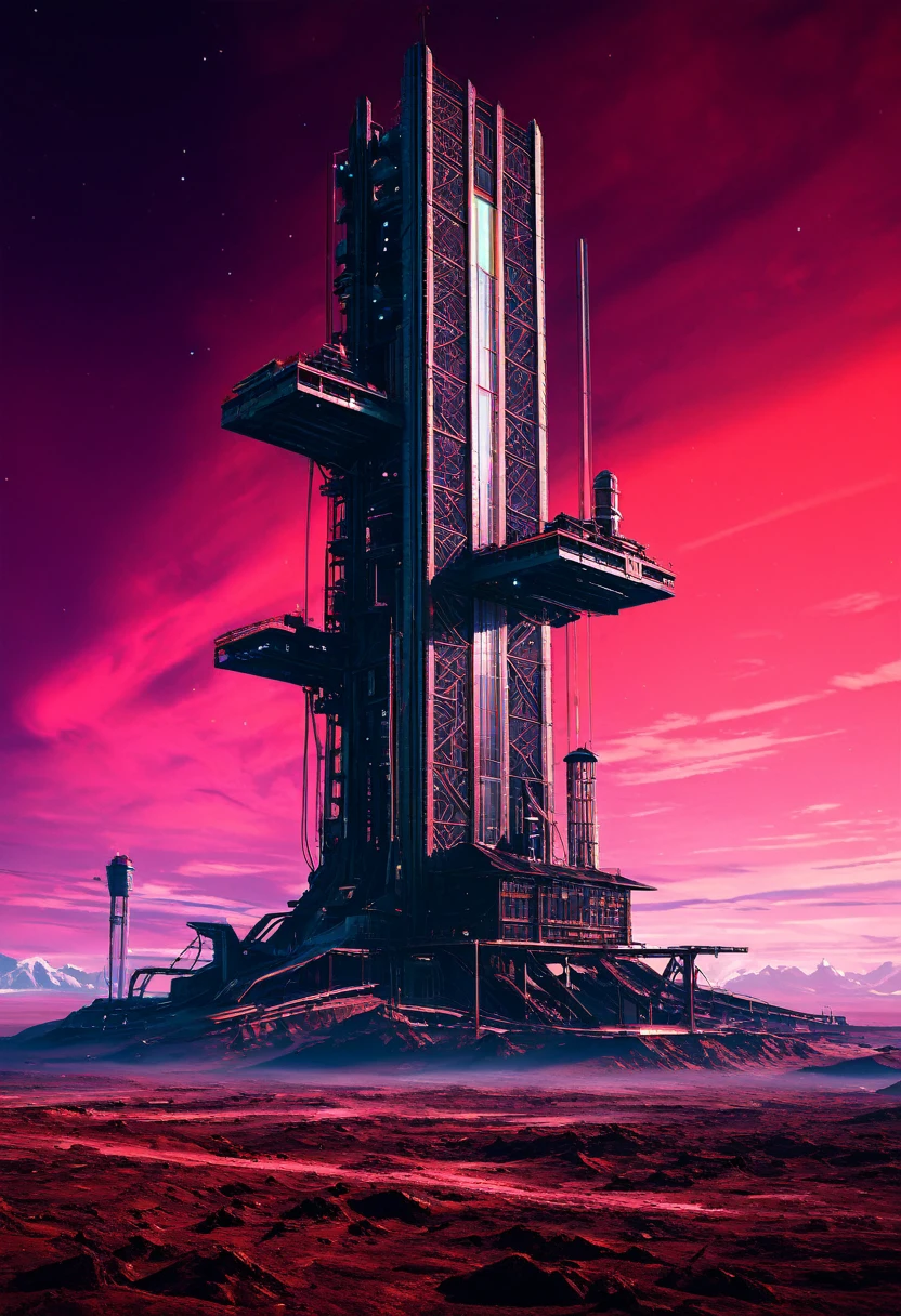 A technicolor space elevator rises from a desolate wasteland, with its neon lights flashing against the background of a crimson sky. La pintura es muy detallada, con cada remache y cable meticulosamente representados en tonos vivos. The main theme is the imposing structure itself, a mix of retro-futuristic design and oil-stained metal. The image is a fantastical painting that transports viewers to a world where science fiction meets industrial decay.