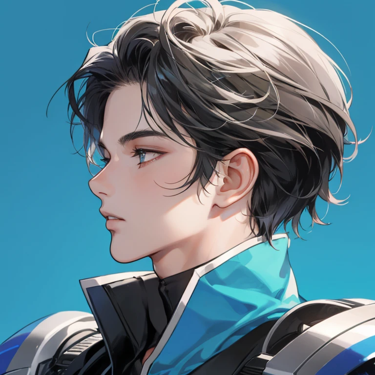 [best quality, ultra-detailed, realistic:1.37], side view portrait of a 20-year-old handsome boy with striking features, [blue] background, anime comics version