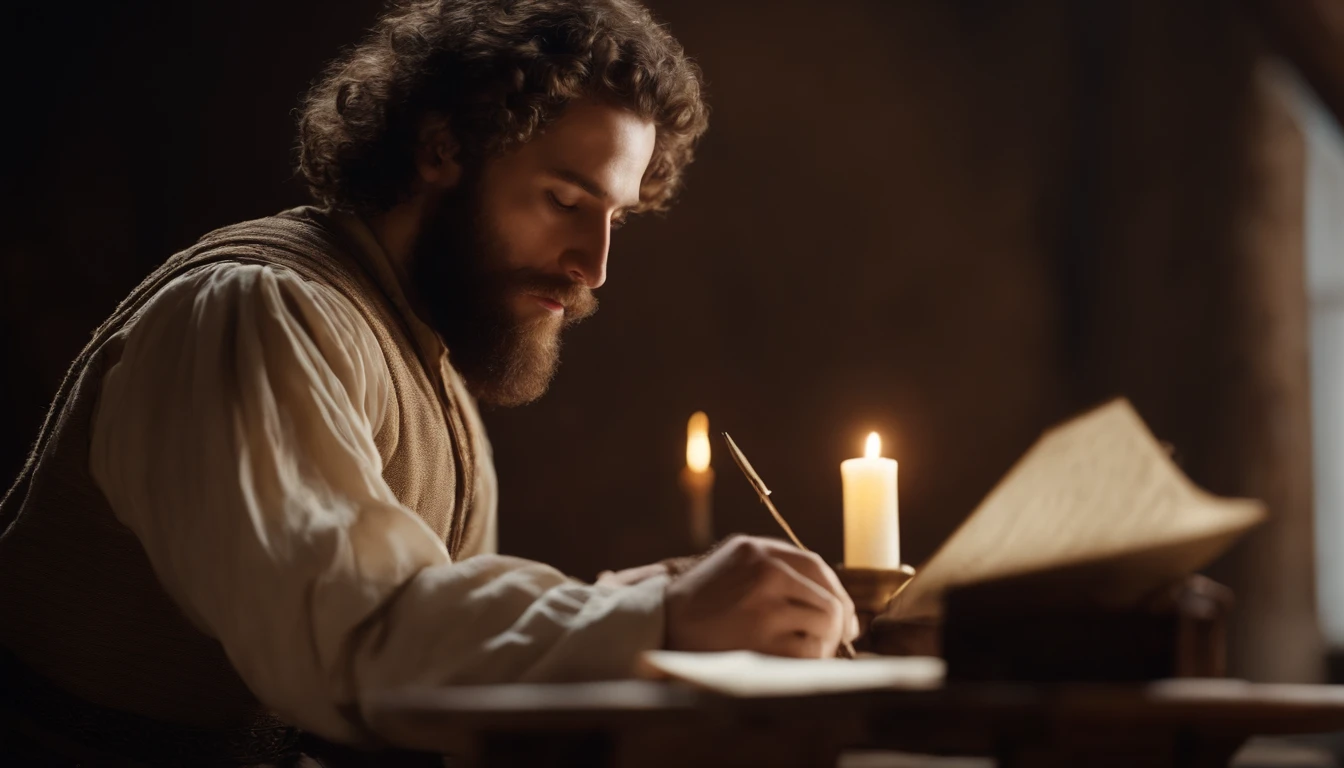 30-year-old man, curly hair and beard, 15th century cotton clothes, writing a letter