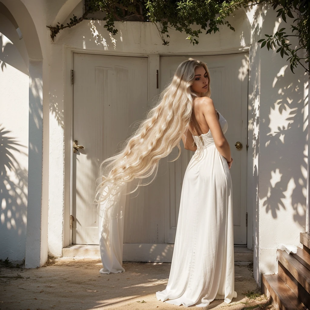 Portrait of the most beautiful angelic goodness you can create, curved eyebrows, long luscious eyelashes, dark eyeliner, perfect makeup, long luscious platinum blonde wavy hair, larg breast, big ass, very long legs, white sundress, looking back, daytime, sun rays illuminating the dress, perfect scenery, full body view
