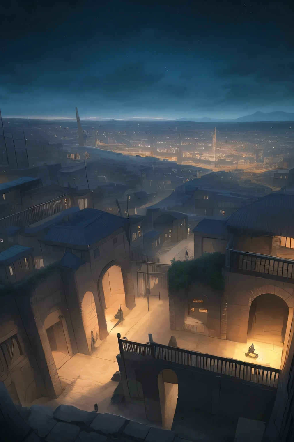 ((Best quality)), ((masterpiece)), (detailed), underground city of death, gray colors, clay houses, ashes and bones, view from afar, mountains around, Mesopotamian aesthetics, dark fantasy, Night, darkness