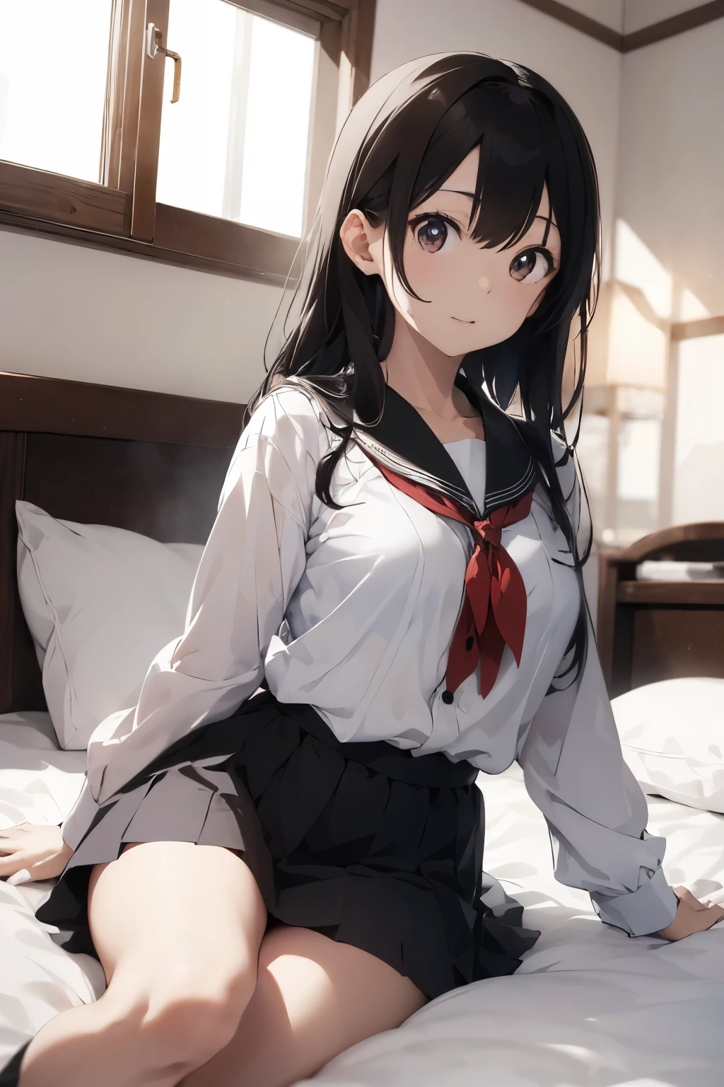 ((highest quality)), ((masterpiece)), (detailed), 完璧な顔Arab-asian woman lying on bed in Open white shirt and twisted black skirt, Japanese girls uniform, Surreal , JK Open Uniform, cute , Open, Surreal , Japan Open uniform, Japanese School Open Uniform, Korean Girls, Wearing an Open ,Mid-ed、 outside、, Realistic woman,