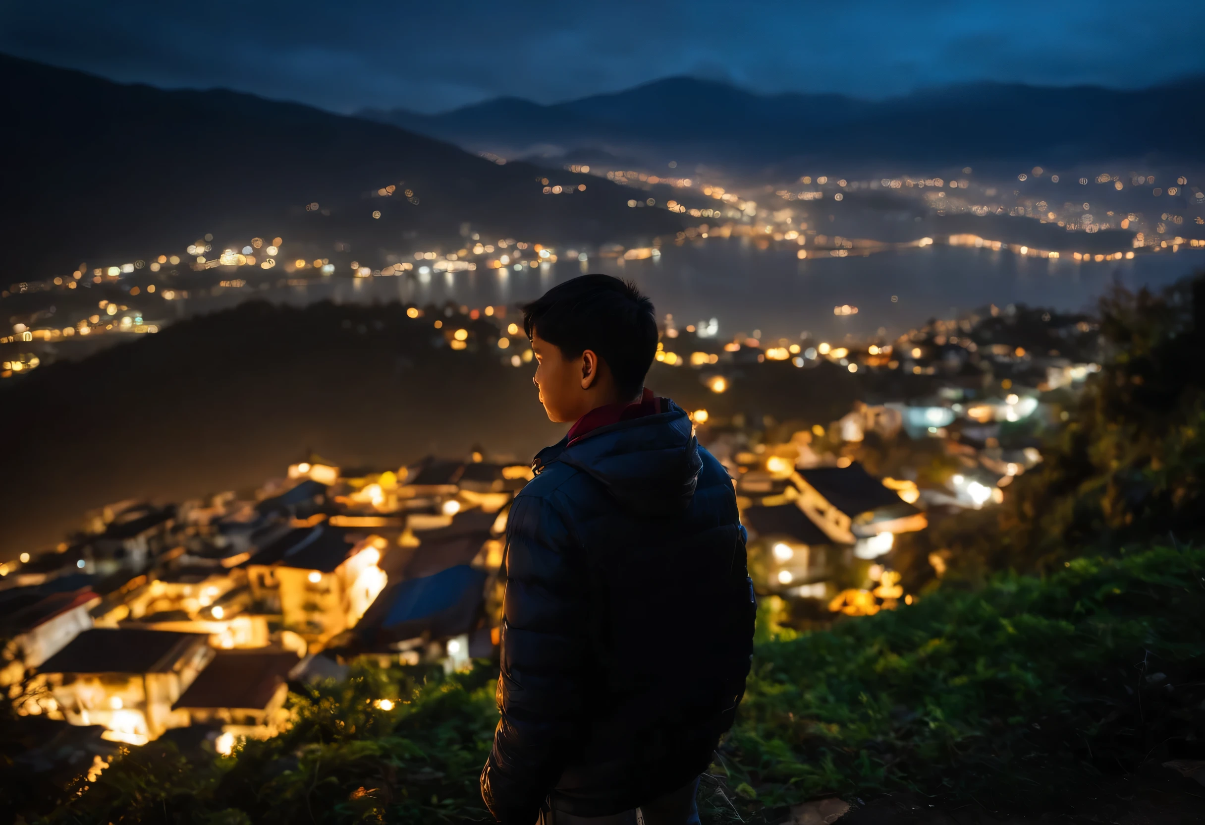 Night scene, night sky, city on top of the hill, far in the background, gangtok, sikkim, night life, lights on from the houses far, a boy standing in the middle of the frame, wearing jacket, watching the hill scene, realistic, google pixel night photography, night mode, pixel astro photography, 0.5x wide lens, hdr, good detail,