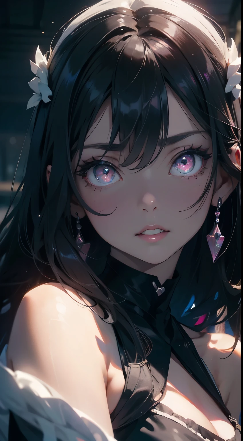 tmasterpiece， Best quality at best， beautidful eyes，（bunnygirl），White pink black style， （Black pupils：1.5），Deep eyes，Detailed eyes， Detailed face， scenecy， Detailed CG， ultra - detailed， Best shadow， depth of fields， Beautiful illustration， illustratio， Tremendously beautiful， perfect  detail， 1girll， solo，camisole，cleavage，（The shoulder straps slip off：1.5）， black andwhite， with short black hair，Off-the-shoulder attire，Insufficient tailoring， Hair is more than one eye， dynamicposes， Bright colors， fish eye， dent in the skin， poggers， Fly from above
