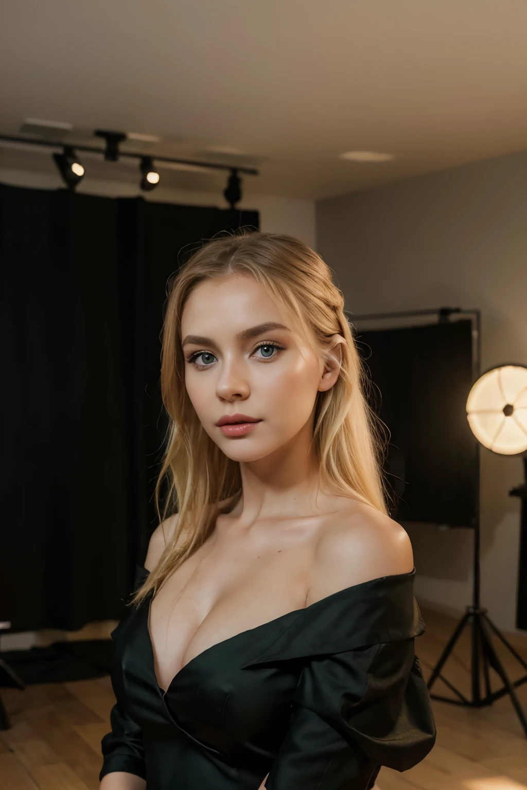 realistic 4k photo of blonde polish girl named Iga, dark roots, full lips, green eyes, natural makeup, professional photo session in studio, black dress
