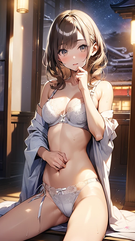 (((night,真night中))),(whole body),(((Cinema Lighting))),((Perfect Anatomy:1.2,Realistic:1.3,RAW Photos:1.3,masterpiece、highest quality、Ultra - High resolution、High resolution、Highly detailed CG、8k)),((attractive way to sit)),((旅館のJapanese-style room))、indoor、1 female,alone,18-year-old、High school girl beautiful girl,Japanese,((Beautiful and graceful face and eyes:1.2,Big beautiful eyes:1.0,)),(Bright Eyes),((Beautiful woman))、((blonde)),Long Hair,(Random hairstyle),Medium Chest,((The body is slim)),Small Head:1.3,skinny,(Brown Skin:1.8),((Oily skin,Glowing Skin,Shiny skin,Sweat:1.4)),((Model pose)),(((Kimono 1.8))),{{{Undressing}}},(prostitution),Japanese-style room,((Turn your body forward)),Stick out your crotch、(Detailed depiction of the crotch),break,(((Satin Bra)))、(((satin panties)))、(Shiny bra:2),((Shiny panties:2))、(((Award-winning design underwear))),((((Bra and panties are the same color))))、((White underwear:1.5))、(((Underwear with lace)))
