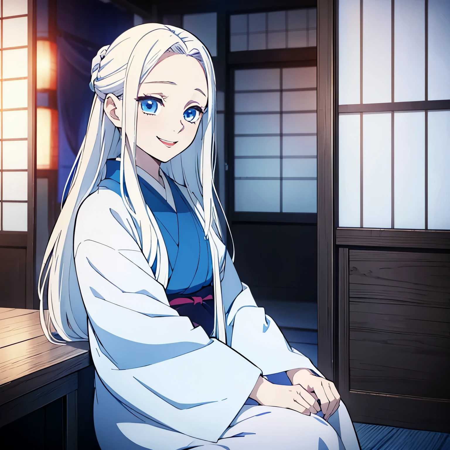 (1 girl, White long straight hair, blue eyes), beautiful girl, blue kimono, kimono, white hair, smile, ((opened mouth)), (half-up half-down hairstyle), Japanese animation color style, (16 years old girl), from front, room inside