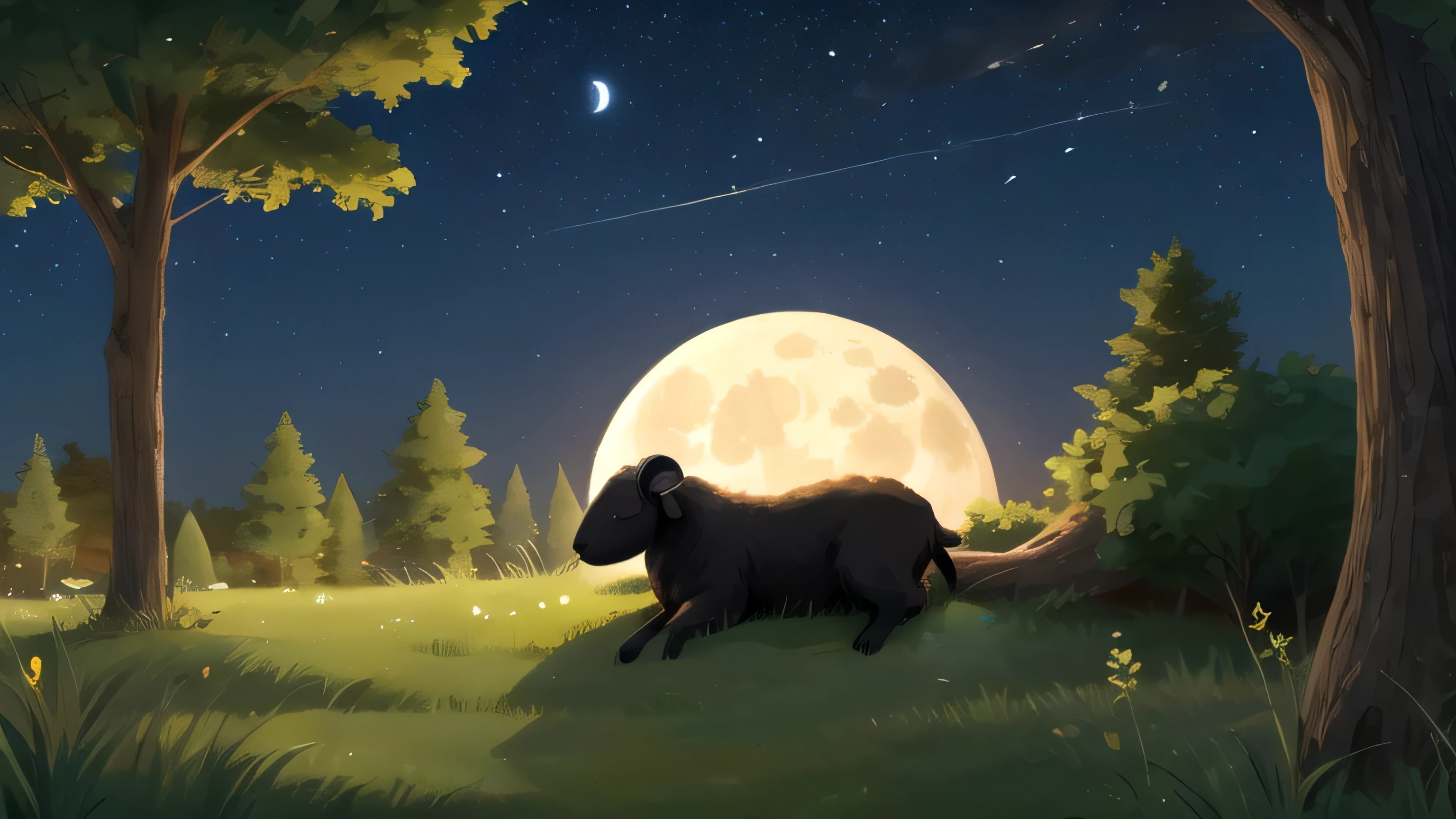 Full moon in the night sky A black sheep sleeping under a tree