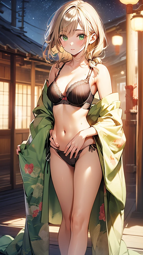 (((night,真night中))),(whole body),(((Cinema Lighting))),((Perfect Anatomy:1.2,Realistic:1.3,RAW Photos:1.3,masterpiece、highest quality、Ultra - High resolution、High resolution、Highly detailed CG、8k)),((attractive way to sit)),((旅館のJapanese-style room))、indoor、1 female,alone,18-year-old、High school girl beautiful girl,Japanese,((Beautiful and graceful face and eyes:1.2,Big beautiful eyes:1.0,)),(Bright Eyes),((Beautiful woman))、((blonde)),Long Hair,(Random hairstyle),Medium Chest,((The body is slim)),Small Head:1.3,skinny,(Brown Skin:1.8),((Oily skin,Glowing Skin,Shiny skin,Sweat:1.4)),((Model pose)),(((Kimono 1.8))),{{{Undressing}}},(prostitution),Japanese-style room,((Turn your body forward)),Stick out your crotch、(Detailed depiction of the crotch),break,(((Satin Bra)))、(((satin panties)))、(Shiny bra:2),((Shiny panties:2))、(((Award-winning design underwear))),((((Bra and panties are the same color))))、break,((Green underwear))