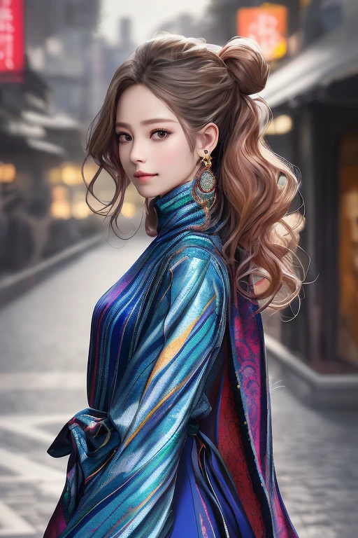 (RAW Photos, highest quality), (Realistic, Photo Realistic: 1.3), highest quality, Very detailedな, masterpiece, Hyper Detail, Korean Fashion, 1 girl, upper_body, Dynamic Angle, World masterpiece Theater, Messy_length_hair, highest quality, Very detailedな CG 統合 8k 壁紙, ink, wonderful, Cinema Lighting, ((Vibrant color and pattern combinations)), turtleneck,Sleeveless blouse,Silk wide pants,Black stiletto heels,beautifully,Mysterious:1.2, (One Girl:1.3), Very detailed,(Fractal Art Pattern:1.1),(colorful:1.1),Mature Woman, Chignon Hair,Curly Hair,ぼさぼさのhair,赤紫と白青のhair:1.3, 非常に細いbody,Smart Abs, Monogram pattern,Gradation,Dress Long One Piece,Two-tone high-top sneakers,A kind smile,Full body portrait,(Night street background 1.3), (Shiny skin),(Earrings),Seesul,colorfulなスカーフ,A long shawl with an intricate pattern,しなやかな長い前hair, A kind smile, (Mouth closed), (highest qualityのmasterpiece:1.2) Delicate illustrations, Most detailed,Full body portrait, (Street background:1.3), (Shiny skin), (Many colors:1.4), ,(Earrings), (液body金属1.5),