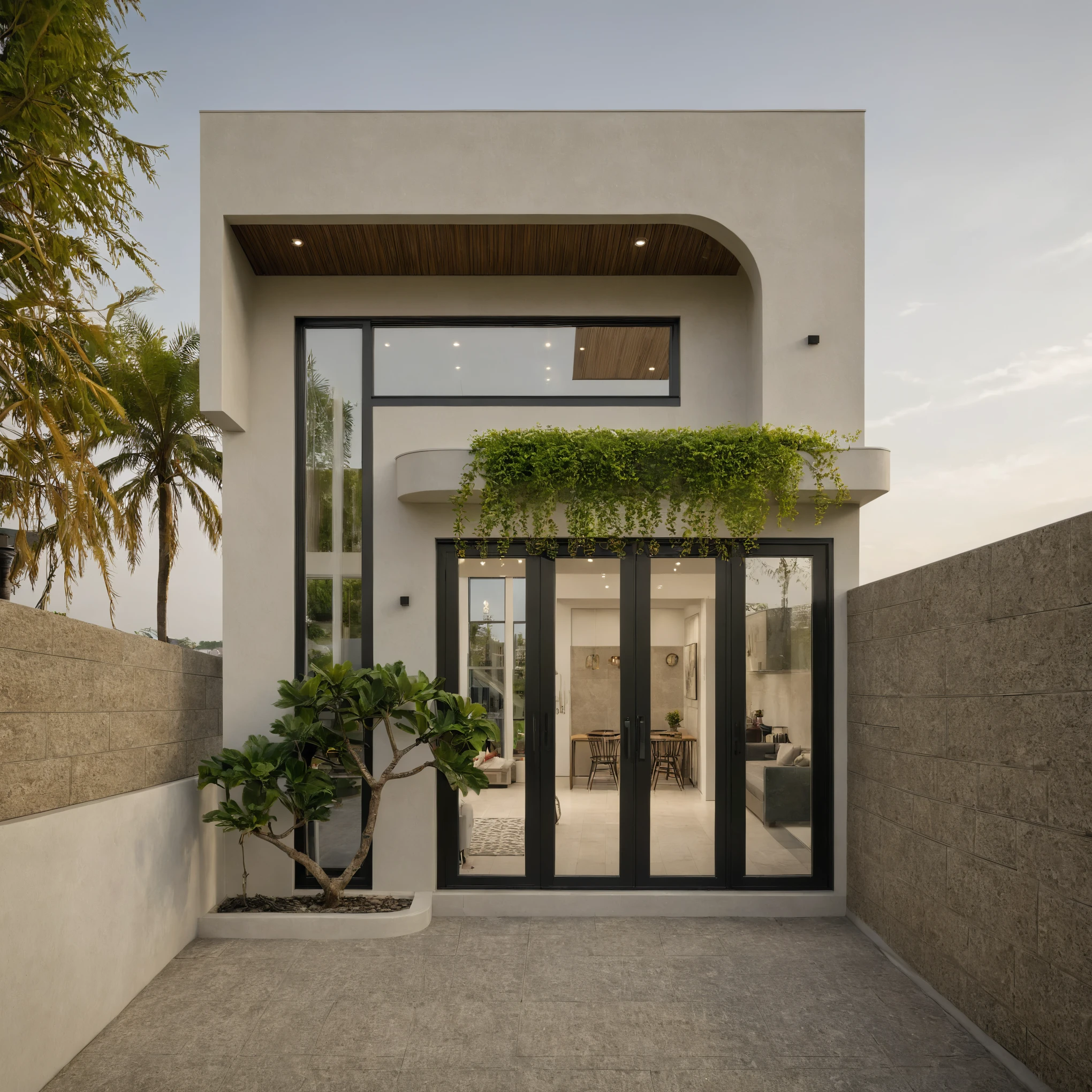 a view of a modern home with a large front yard, main material by white wall and stone and wood, 1 road runs in front of the house, (RAW photo, real, best quality, masterpiece:1.2), look morden minimalist, 1 road in front of the house, shime ring light, light brighteness from indoor:1.2, dynamic lighting:1.3, (hyper realistic, photo-realistic:1.2), high quality, day lighht, hight contrast :0.5 perfect lighting, archdaily, award winning contemporary, contemporary masterpiece, well-designed masterpiece, large modern residence, neotraditional modern, wide angle exterior 2022, midcentury modern, contemporary house, hip modern vibe, a long-shot from front, award winning modern design, stunning lines, residential, subtle detailing, light indoor:1.3