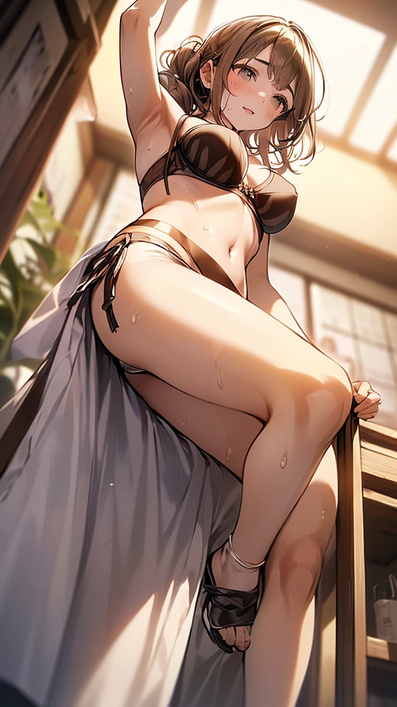 (((night,真night中))),(whole body),((looking down viewer:2.0)),(((Cinema Lighting))),((Perfect Anatomy:1.2,Realistic:1.3,RAW Photos:1.3,masterpiece、highest quality、Ultra - High resolution、High resolution、Highly detailed CG、8k)),((attractive way to sit)),((旅館のJapanese-style room))、indoor、1 female,alone,18-year-old、High school girl beautiful girl,Japanese,((Beautiful and graceful face and eyes:1.2,Big beautiful eyes:1.0,)),(Bright Eyes),((Beautiful woman))、((blonde)),Long Hair,(Random hairstyle),Medium Chest,((The body is slim)),Small Head:1.3,skinny,(Brown Skin:1.8),((Oily skin,Glowing Skin,Shiny skin,Sweat:1.4)),((Model pose)),(((Kimono 1.8))),{{{Undressing}}},(prostitution),Japanese-style room,((Turn your body forward)),Stick out your crotch、(Detailed depiction of the crotch),break,(((Satin Bra)))、(((satin panties)))、(Shiny bra:2),((Shiny panties:2))、(((Pastel colored underwear))),((((Bra and panties are painted in the same color))))、((Shiny Bra)),((Shiny panties))、((one knee lift up:1.8))、((((Standing on one leg))))