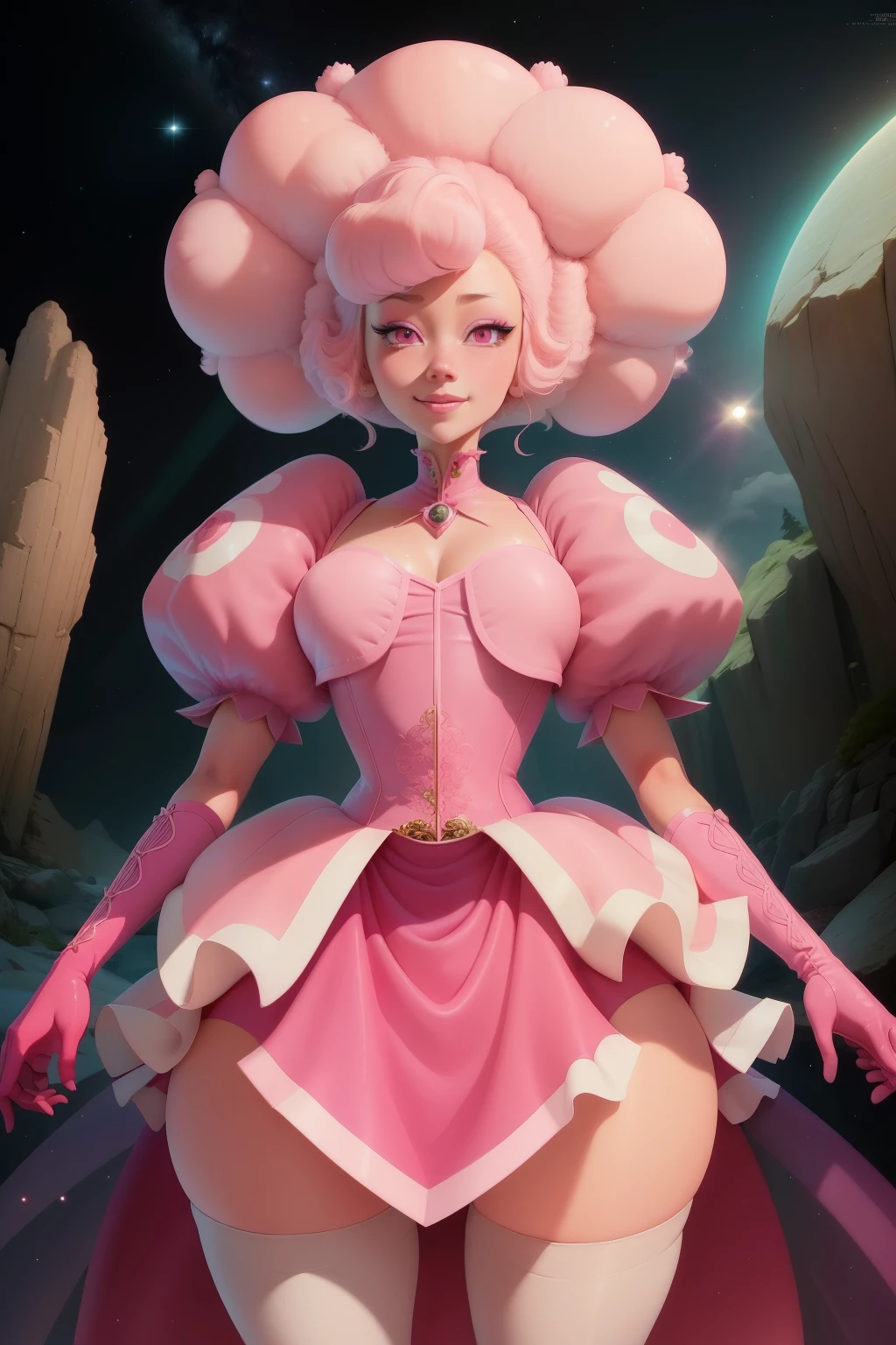 pnkdamond, pink hair, pink eyes,  big hair,  stomach gem,  pink skin,  toned, 
puffy short sleeves, elbow gloves ,  white thighhighs,   puffy dress, 
standing, upper body, 
 outerspace,  
(insanely detailed, beautiful detailed face,beautiful detailed eyes, masterpiece, best quality) cinematic lighting,  smile, 
 