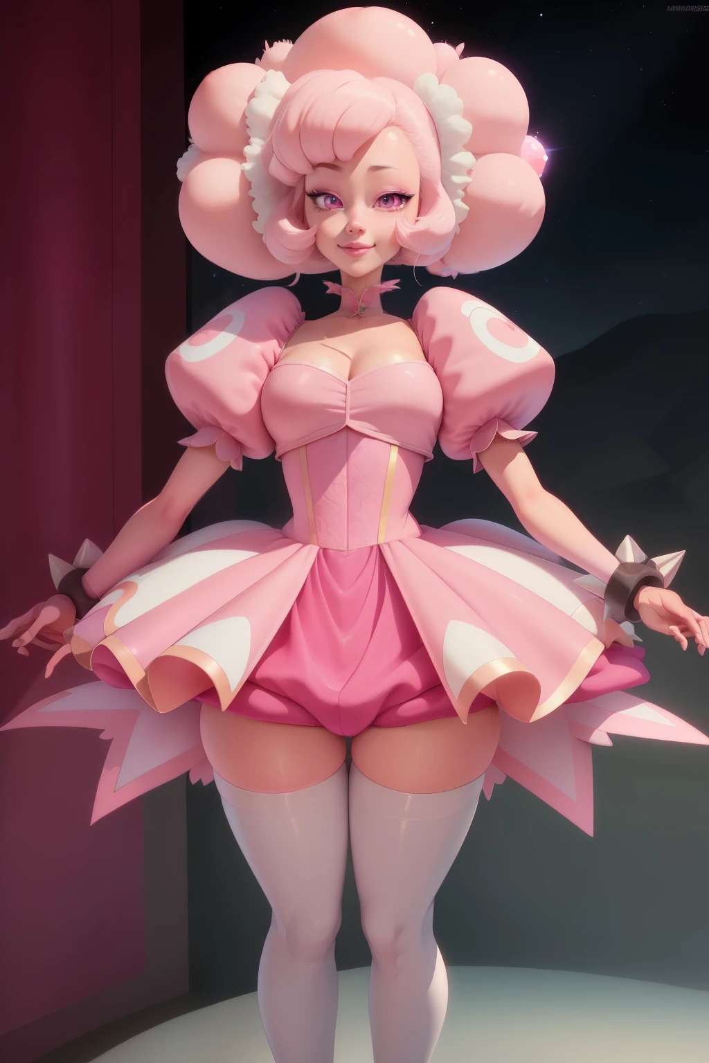 pnkdamond, pink hair, pink eyes,  big hair,  stomach gem,  pink skin,  toned, 
puffy short sleeves, elbow gloves ,  white thighhighs,   puffy dress, 
standing, upper body, 
 outerspace,  
(insanely detailed, beautiful detailed face,beautiful detailed eyes, masterpiece, best quality) cinematic lighting,  smile, 
 