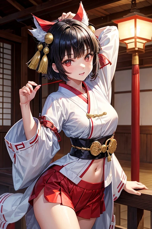 Boy with black hair shortcut　 remains　No　She is happily wearing a short-sleeved shrine maiden outfit and dancing in the Kagura hall.