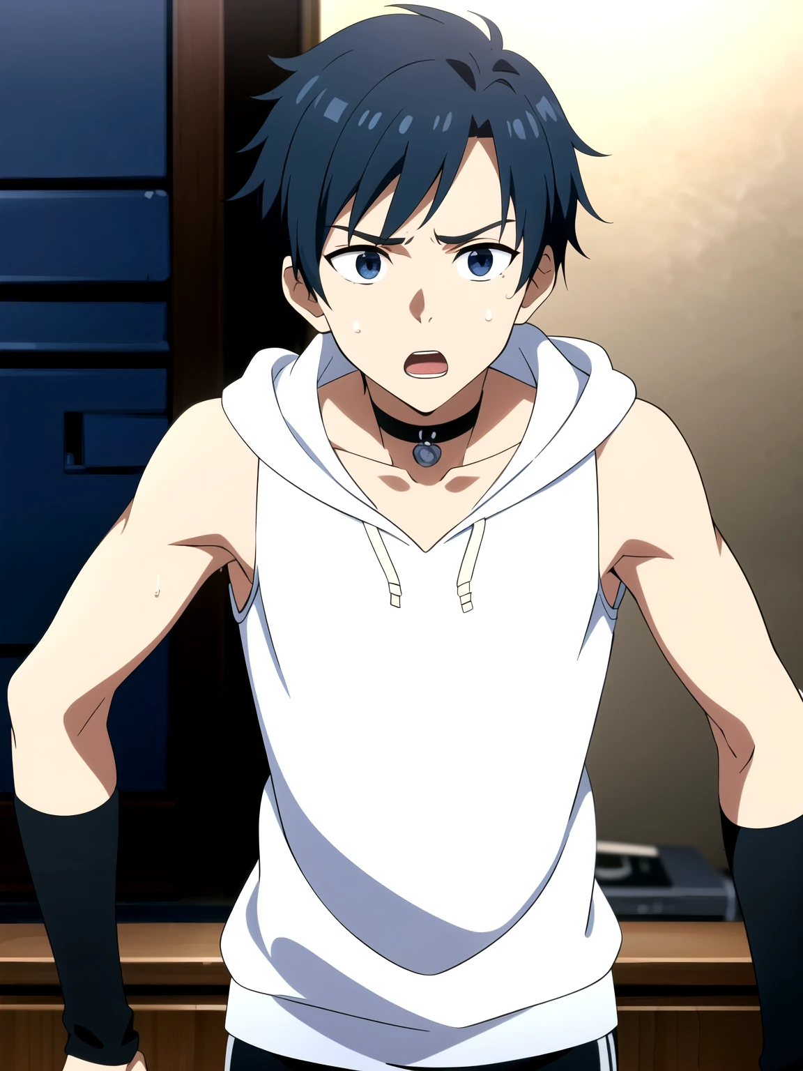 Highres, Masterpiece, Best quality at best,Best Quality,hight quality, hight detailed, 1boy, Boy, Teenage boy, Fluffy hair, Side bangs, Solo person, Sleeveless hoodie, Choker, Glove, Sleeve cover, Collarbone, Depth of field, Anime screencap style, thin line, Seductive pose, open mouth,Seen from the front, Little sweat, Kpop, Cute boy, Slim body, 15-year-old boys, Blurry and simple beckground, bokeh, Uhd