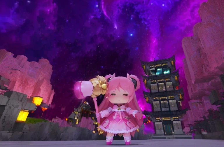 a close up of a person in a dress holding a wand, carrying a magical staff, <mmorpgs scene, 8 k rpg, holding a magic staff, pink twintail hair and cyan eyes, from the azur lane videogame, humanoid pink female squid girl, wielding a magic staff, with huge rpg, stylized anime, detailed photo of virtual world