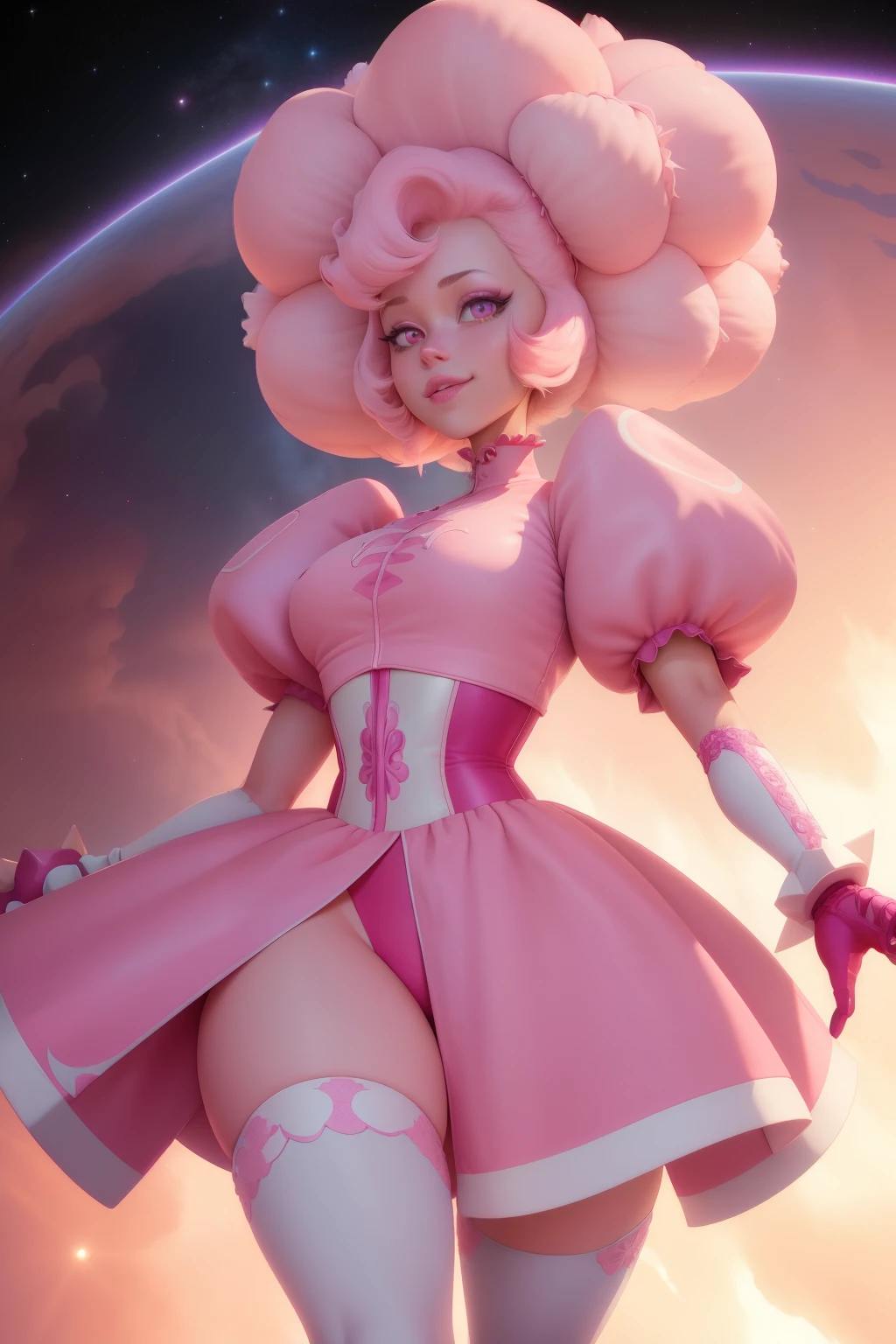 pnkdamond, pink hair, pink eyes, big hair, stomach gem, pink skin, toned,
puffy short sleeves, elbow gloves , white thighhighs, puffy dress,
standing, upper body,
outerspace,
(insanely detailed, beautiful detailed face,beautiful detailed eyes, masterpiece, best quality) cinematic lighting, smile,