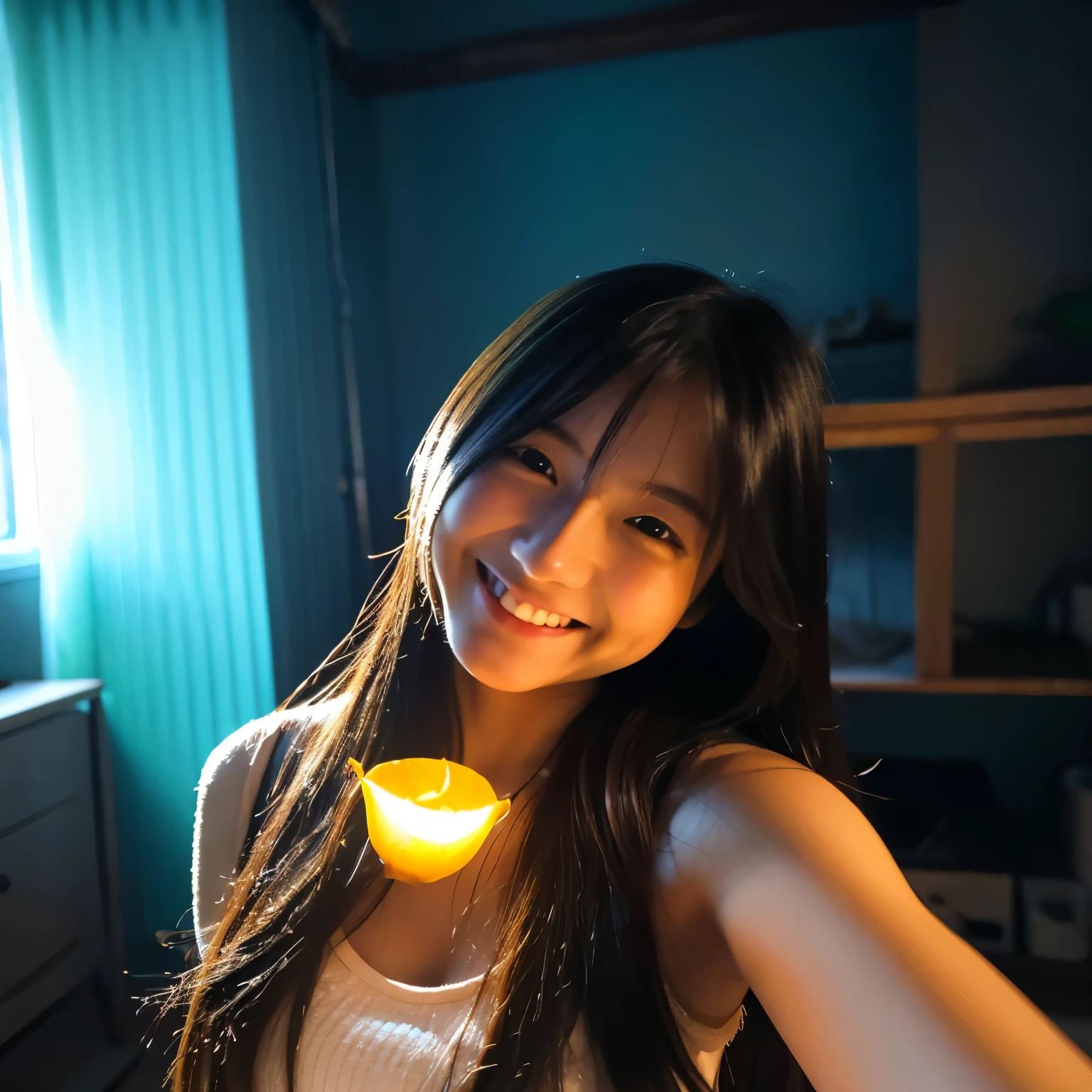 Innocent Japanese girl with long hair smiling selfie in dimly lit room