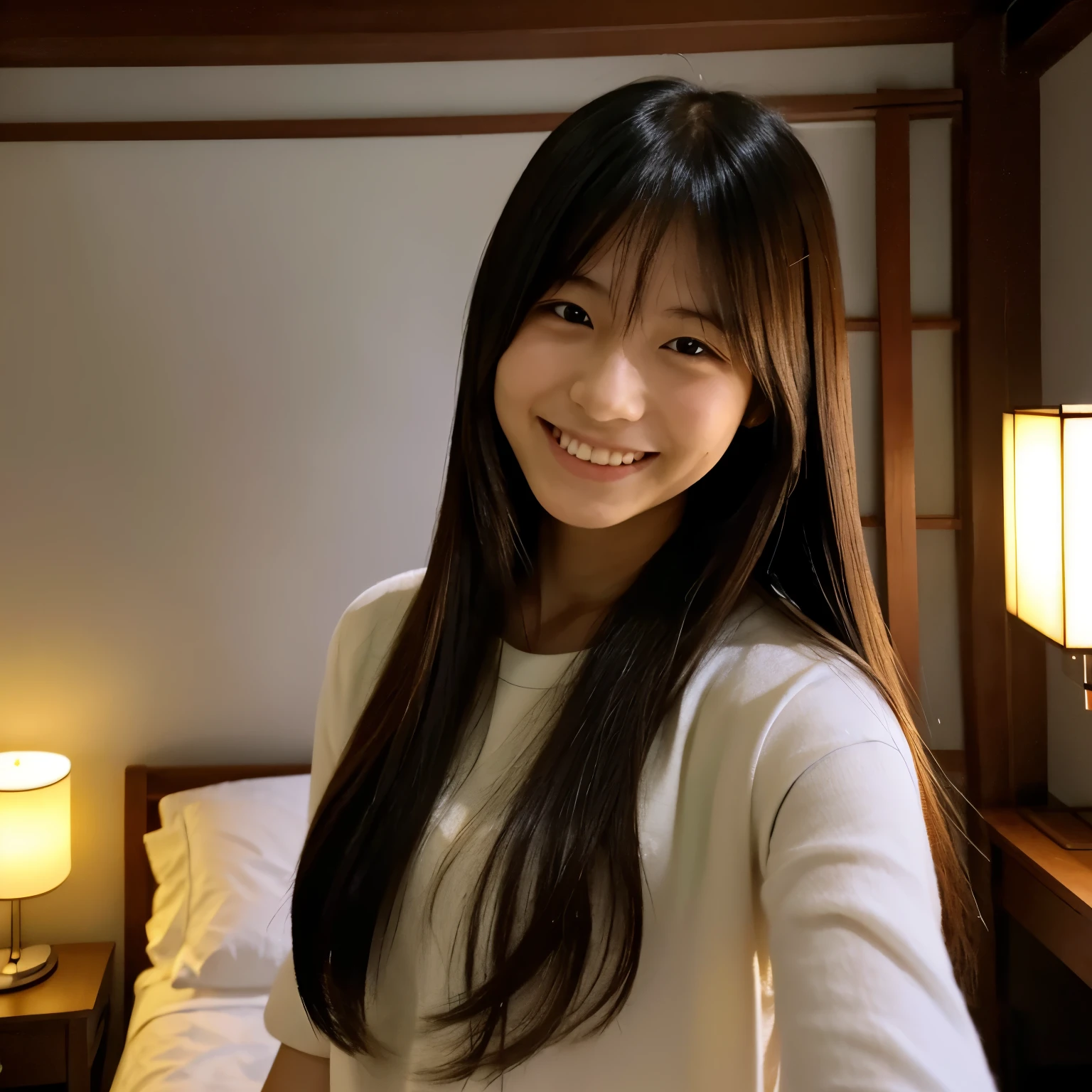 Innocent Japanese girl with long hair smiling selfie in dimly lit room