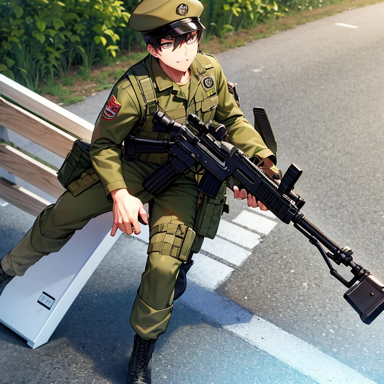 Anime 3D military man aged 20 with a machine gun in an alternate universe, joyful stands in his hand with a rare artifact