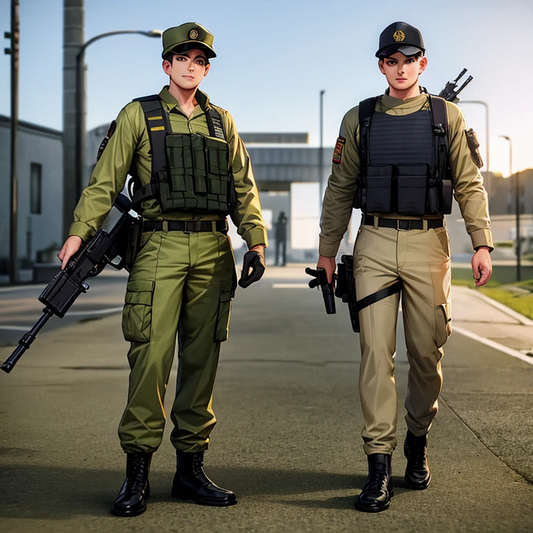 Anime 3D military man aged 20 with a machine gun in an alternate universe, joyful stands in his hand with a rare artifact