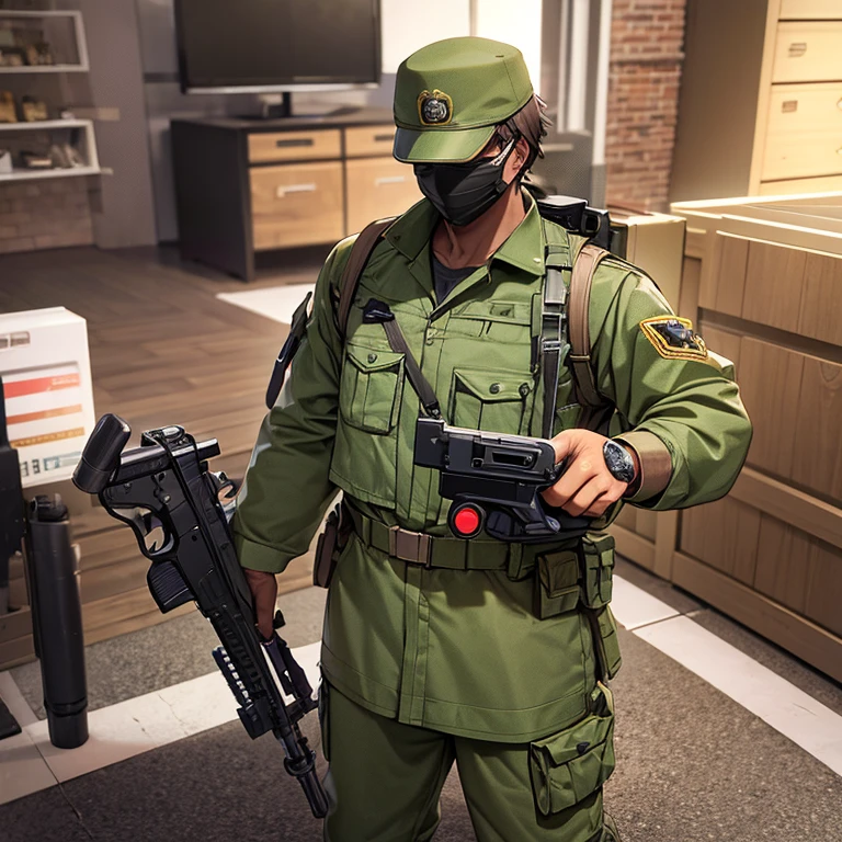Anime 3D military man aged 20 with a machine gun in an alternate universe, joyful stands in his hand with a rare artifact