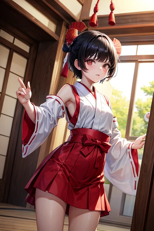 Boy with short black hair hood remains No She is happily wearing a short-sleeved shrine maiden outfit and dancing in the Kagura hall.
