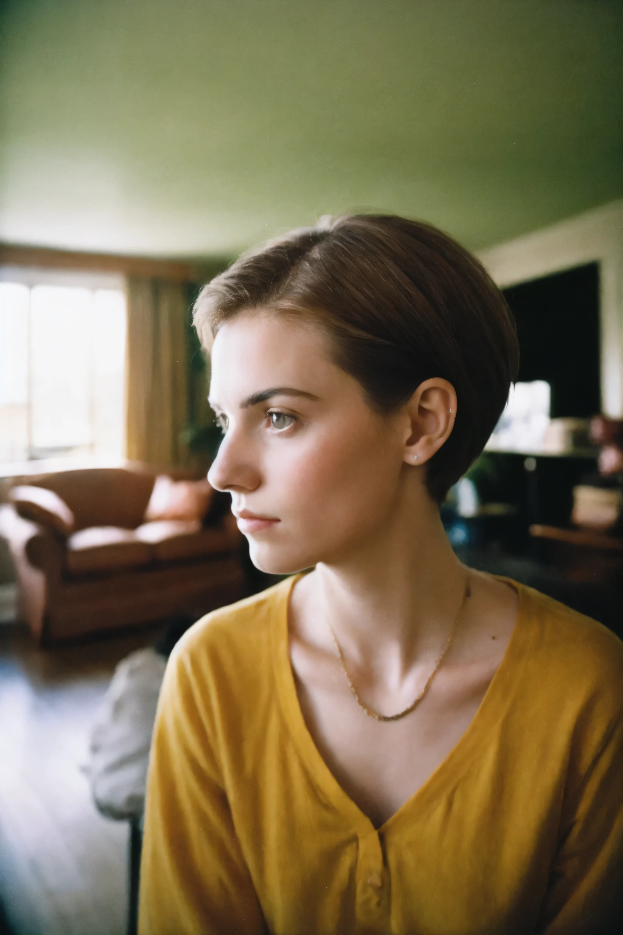 analog photography ,raw,photo ,Beautiful Female Short hair,living room