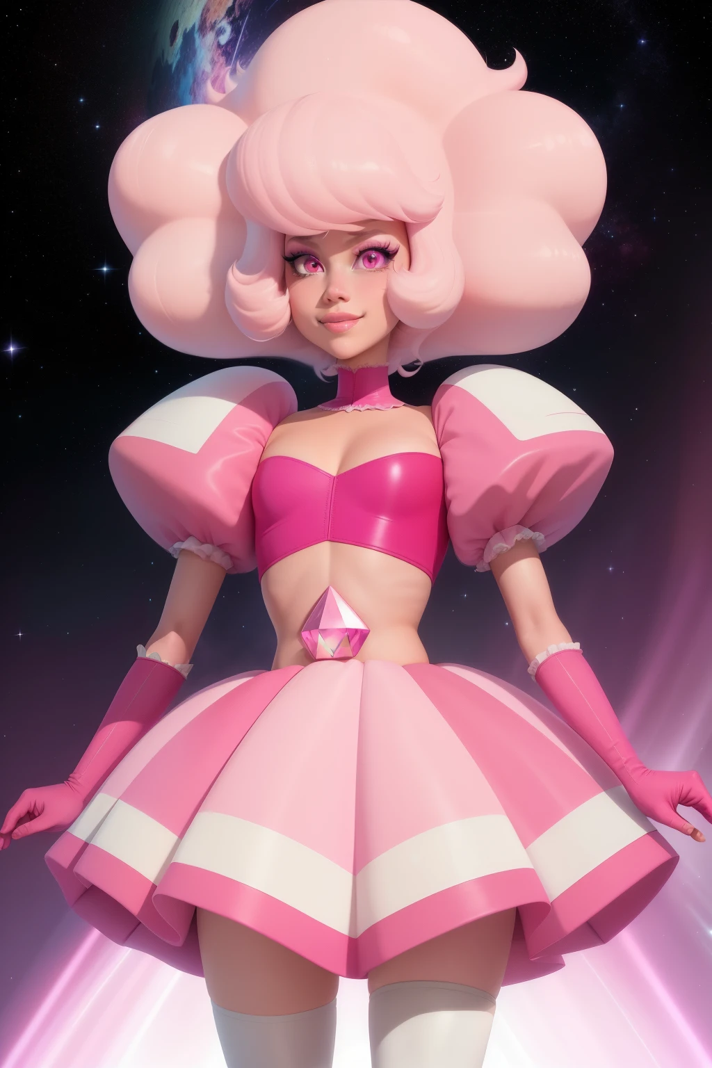 pnkdamond, pink hair, pink eyes, big hair, stomach gem, pink skin, toned,
y short sleeves, elbow gloves , white thighhighs, puffess,
standing, upper body,
outerspace,
(insanely detailed, beautiful detailed face,beautiful detailed eyes, masterpiece, best quality) cinematic lighting, smile,