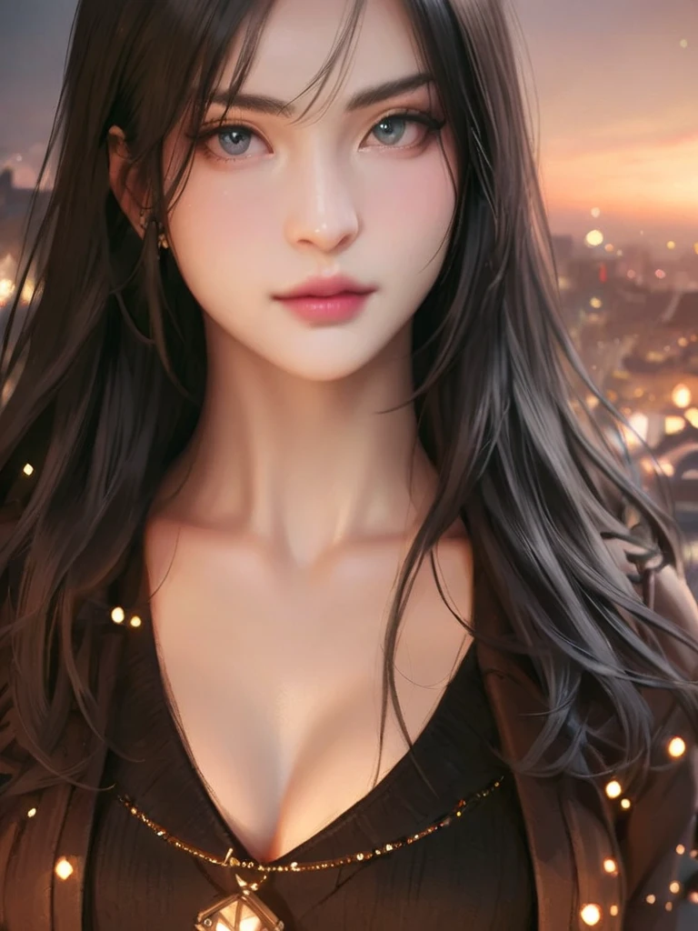award winning digital art, half body portrait of a beautiful woman in a silk Tang dress, navy blue teal hairstyle, head in motion and long hair flying, big smile, sparkling eyes, in a flower field, golden sunset, particles dust, glitter, paint splashes, splatter, outrun, shaded flat illustration, digital art, trending on artstation, highly detailed, fine detail, intricate